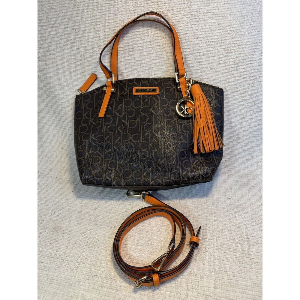 Calvin Klein CK Monogram Satchel Brown Orange Crossbody Bag Tassel